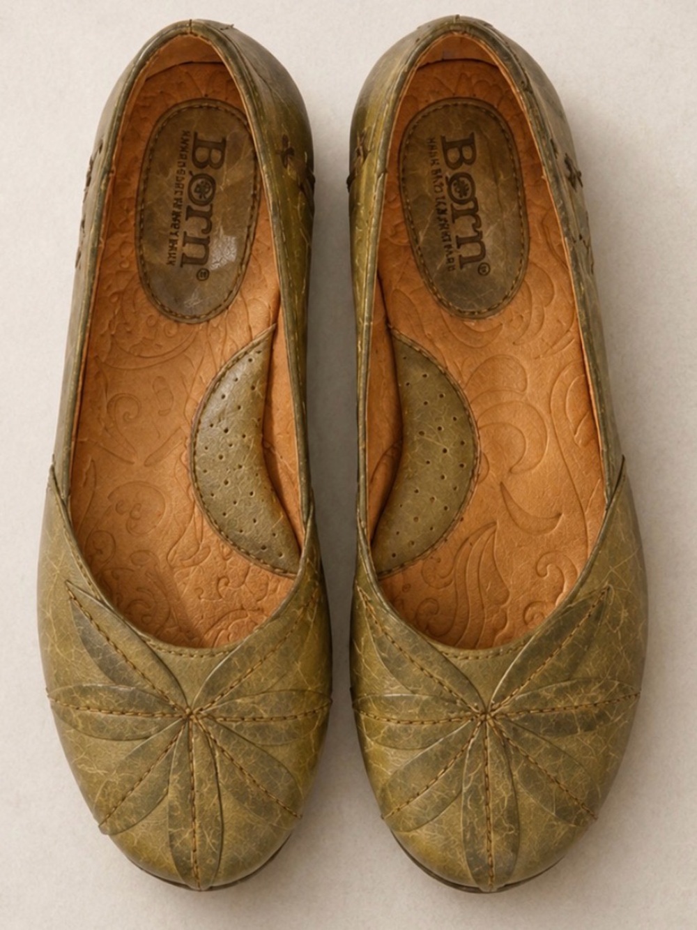Born Olive Green Leather Floral-Accented Ballet Flats